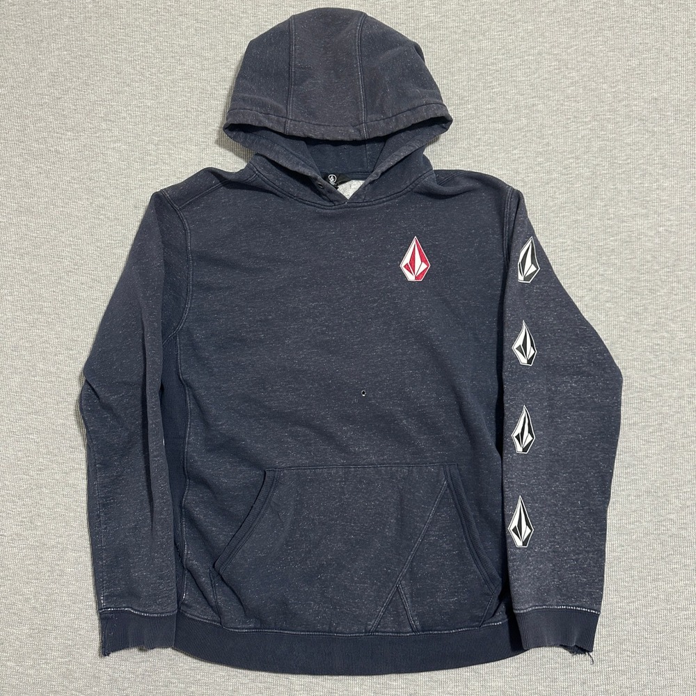 Volcom Mens XL Navy Heathered Stone Logo Sleeve Pullover Hoodie Distressed 2967